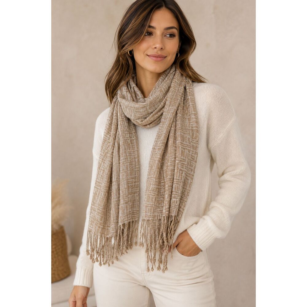 Anne Klein Metallic Taupe Scarf Fringe Geometric Quiet Luxury Boho Chic